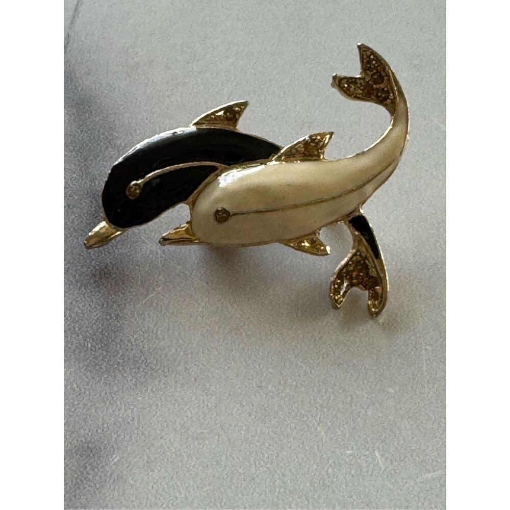 Vintage 90s Pin Brooch Dolphin Twin Pair Cream Black Gold Relationship